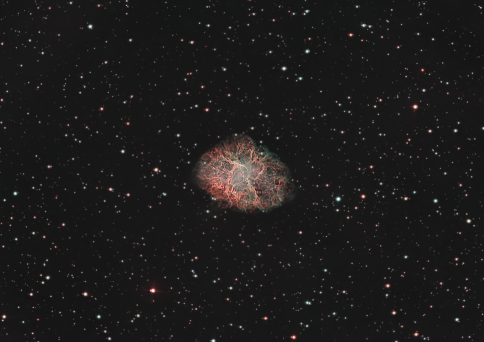 The Crab Nebula M1 in the constellation Taurus is the remnant of the supernova observed in 1054. It is located in the Perseus Arm of the Milky Way and is about 6,200 light-years from Earth.